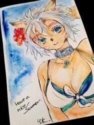 Rule 34 | 1girl, :d, adventurer (ff11), animal ears, bare shoulders, bikini, blue eyes, breasts, cat ears, cat girl, cleavage, collarbone, colored eyelashes, doraeshi, facial mark, final fantasy, final fantasy xi, flower, flower necklace, front-tie bikini top, front-tie top, hair between eyes, hair flower, hair ornament, highres, jewelry, large breasts, layered bikini, mithra (ff11), multicolored eyes, necklace, open mouth, painting (medium), photo (medium), red flower, short hair, smile, solo, swimsuit, traditional media, watercolor (medium), whisker markings, white bikini, white hair, yellow eyes