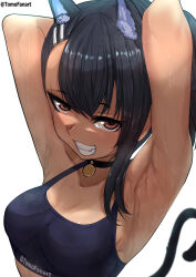 Rule 34 | 1girl, absurdres, animal collar, animal ears, armpits, arms behind head, arms up, black collar, black hair, breasts, cat ears, cat tail, choker, collar, collarbone, dark-skinned female, dark skin, fang, female focus, from above, grin, hair ornament, hairclip, highres, ijiranaide nagatoro-san, large breasts, looking at viewer, looking up, nagatoro hayase, presenting armpit, red eyes, simple background, single sidelock, smile, solo, sports bra, sweat, tail, tan, teeth, tomodachi (tomofanart), twitter username, upper body, white background