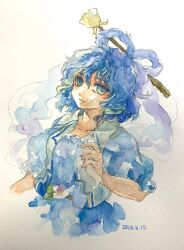 Rule 34 | 1girl, absurdres, blue eyes, blue hair, blue shirt, blue skirt, breasts, closed mouth, collarbone, dated, flower, frilled sleeves, frills, hagoromo, hair between eyes, hair ornament, hair rings, hair stick, highres, kaku seiga, light smile, looking at viewer, one-hour drawing challenge, painting (medium), puffy short sleeves, puffy sleeves, rose, shawl, shiroma (mamiko), shirt, short sleeves, simple background, skirt, small breasts, solo, touhou, traditional media, upper body, vest, watercolor (medium), white background, white flower, white rose, white vest