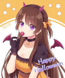 Rule 34 | 1girl, black choker, black gloves, black hairband, blush, bow, braid, breasts, brown hair, candy, character request, choker, cleavage, commentary request, covered mouth, detached wings, dress, fake horns, food, gloves, hair between eyes, hair bow, hairband, halloween, hand up, happy halloween, hitsuki rei, holding, holding candy, holding food, holding lollipop, horns, lollipop, looking at viewer, medium breasts, mini wings, orange background, orange bow, orange dress, polka dot, polka dot background, puffy short sleeves, puffy sleeves, purple eyes, purple wings, short sleeves, signature, snowdreams -lost in winter-, solo, star (symbol), starry background, two-tone background, two side up, upper body, white background, wings, xia qianfan