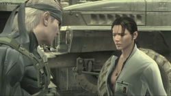 Rule 34 | 1boy, 1girl, 3d, breasts, cleavage, closed eyes, jewelry, lips, metal gear (series), metal gear solid, metal gear solid 4: guns of the patriots, naomi hunter, necklace, no bra, official art, open clothes, open shirt, ponytail, shirt, solid snake