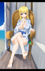 Rule 34 | 1girl, barefoot, beach, blonde hair, blue sash, blush, body blush, breasts, brown eyes, chair, cleavage, collarbone, covered erect nipples, crossed legs, day, eyelashes, fairy tail, feet, female focus, finger to mouth, fingernails, full body, gaston18, happy, highres, japanese clothes, kimono, large breasts, legs, long hair, looking at viewer, lucy heartfilia, neck, no bra, no panties, ocean, outdoors, sash, seductive smile, shiny skin, sitting, sky, smile, soles, solo, striped clothes, striped kimono, thighs, toenails, toes, traditional clothes, yukata