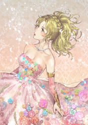 Rule 34 | 1girl, bare shoulders, blonde hair, blue flower, blush, braid, breasts, bridal gauntlets, cleavage, collarbone, detached sleeves, dress, dress flower, falling petals, final fantasy, final fantasy vi, fingernails, flower, green flower, grey eyes, jewelry, long dress, long hair, looking to the side, medium breasts, necklace, nexeee, parted bangs, parted lips, petals, pink dress, pink flower, ponytail, solo, strapless, strapless dress, tina branford, upper body