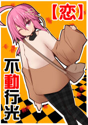 1girl ahoge alternate_costume autumn_leaves bag character_name checkered_clothes checkered_floor checkered_pants closed_mouth commentary_request fudou_yukimitsu_(tenka_hyakken) hair_ornament highres leaf long_sleeves looking_at_viewer nanakawa one_eye_closed pants pink_eyes pink_hair short_hair_with_long_locks shoulder_bag smile solo standing tenka_hyakken wide_sleeves