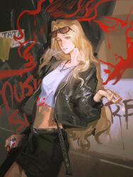 1girl black_jacket blonde_hair blood blowing_smoke brown_eyes cigarette classicaloid crop_top cropped_jacket eyewear_on_head franz_liszt_(classicaloid) glint graffiti highres holding holding_cigarette jacket jewelry long_hair midriff necklace octahooves parted_lips shirt smoking solo sunglasses very_long_hair white_shirt