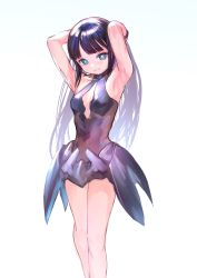 Rule 34 | 1girl, absurdres, armpits, arms behind head, black dress, black hair, blue eyes, blunt bangs, breasts, cleavage, cleavage cutout, clothing cutout, copyright request, dress, emutsuichi, highres, legs, long hair, looking at viewer, simple background, small breasts, smile, solo, standing, white background