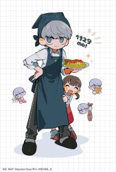 Rule 34 | 1boy, 1girl, ^ ^, apron, black footwear, black pants, blue apron, brown hair, btmr game, carrot, chibi, closed eyes, closed mouth, doujima nanako, fish, food, food art, full body, grey eyes, grey hair, grid background, hand on own hip, head scarf, highres, holding, holding plate, multiple views, narukami yuu, omelet, omurice, open mouth, pants, persona, persona 4, pink footwear, plate, shirt, simple background, slippers, sparkle, standing, tako-san wiener, white shirt