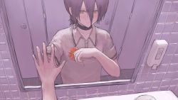Rule 34 | 1girl, 900p, artistic error, bad reflection, bathroom, black hair, chainsaw man, choker, closed mouth, collared shirt, film grain, flower, hair between eyes, hand on mirror, highres, holding, holding flower, mirror, orange flower, reflection, reze (chainsaw man), shirt, short sleeves, sleeve cuffs, solo, sweat, tile wall, tiles, white shirt, yellow eyes