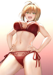 Rule 34 | 10s, 1girl, :d, ahoge, armpits, blonde hair, blush, bra, breasts, cameltoe, cleavage, cowboy shot, fate/extra, fate (series), from below, gluteal fold, gradient background, green eyes, hair intakes, halterneck, hands on own hips, highres, lace, lace-trimmed bra, lace trim, large breasts, legs apart, looking at viewer, looking down, mashuu (neko no oyashiro), medium breasts, navel, nero claudius (fate), nero claudius (fate) (all), nero claudius (fate/extra), open mouth, panties, red bra, red panties, red ribbon, ribbon, short hair, side-tie panties, smile, solo, stomach, teeth, thighs, tsurime, underwear, underwear only, upper teeth only, v-shaped eyebrows
