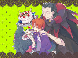 Rule 34 | 2boys, ^ ^, bendan-daizi, birthday, birthday card, blush, border, cake, card, closed eyes, command spell, doily, fate/zero, fate (series), food, gilles de rais (caster) (fate), green background, hands on shoulders, happy, heart, highres, jacket, jewelry, lace, lace border, male focus, monster, multiple boys, ornate border, purple jacket, ring, robe, tentacles, uryuu ryuunosuke