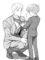 Rule 34 | 2boys, chilchuck tims, closed mouth, collared jacket, collared shirt, commentary, dungeon meshi, formal, full body, greyscale, hands up, height difference, highres, jacket, laios touden, long sleeves, looking at another, male focus, monochrome, multiple boys, open mouth, pants, shirt, shoes, short hair, simple background, squatting, suit, symbol-only commentary, translation request, tying necktie, very short hair, vest, white background, zarame pfpf