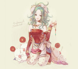 Rule 34 | 1990s (style), 1girl, amumu326, bad id, bad pixiv id, bow, final fantasy, final fantasy vi, green hair, hair bow, jewelry, unworn jewelry, looking at viewer, moogle, necklace, unworn necklace, pantyhose, retro artstyle, smile, solo, tina branford, white background