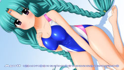 Rule 34 | 1990s (style), 1girl, aqua hair, blush, braid, breasts, calendar, canal vorfeed, cleavage, competition swimsuit, covered navel, dutch angle, covered erect nipples, highres, impossible clothes, impossible swimsuit, long hair, looking at viewer, lost universe, one-piece swimsuit, purple eyes, smile, solo, sugimura tomokazu, swimsuit, twin braids, twintails, wallpaper