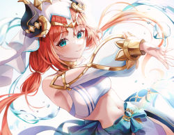 Rule 34 | 1girl, blush, closed mouth, crop top, detached sleeves, forehead jewel, genshin impact, gold trim, green eyes, highres, kim leeyoon, long hair, long sleeves, looking at viewer, navel, nilou (genshin impact), outstretched hand, parted bangs, puffy long sleeves, puffy sleeves, red hair, simple background, smile, solo, stomach, vambraces, vision (genshin impact), water drop, white background