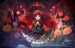 Rule 34 | 1girl, brown hair, dark persona, dress, flower, from above, green dress, house, idolmaster, idolmaster cinderella girls, idolmaster cinderella girls starlight stage, lace trim, light smile, looking at viewer, moss, official art, own hands together, praying, red eyes, red hood, solo, takamori aiko