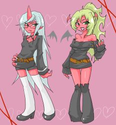 Rule 34 | 10s, alternate costume, bare shoulders, blue hair, breasts, cleavage, colored skin, demon girl, fang, glasses, green eyes, green hair, grin, hand on own hip, heart, high heels, hip focus, horns, kneesocks (psg), large breasts, long hair, open mouth, panty &amp; stocking with garterbelt, pointy ears, ponytail, red skin, scanty (psg), shoes, shorts, siblings, sisters, sleeves past wrists, small breasts, smile, thighhighs, very long hair, wings, yuka (rannjorann), zettai ryouiki