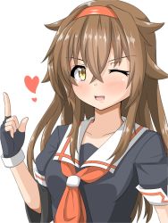 Rule 34 | 1girl, ;d, black gloves, black serafuku, brown eyes, brown hair, collarbone, commentary request, fingerless gloves, gloves, hairband, heart, highres, index finger raised, kantai collection, long hair, looking at viewer, one eye closed, open mouth, remodel (kantai collection), sakuramai (sakuramai 0525), school uniform, serafuku, shiratsuyu (kancolle), simple background, smile, solo, white background