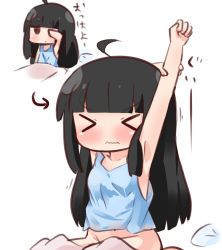 Rule 34 | &gt; &lt;, 1girl, ahoge, armpits, arms up, arrow (symbol), bare arms, bare shoulders, black hair, blue tank top, blunt bangs, bottomless, breasts, chibi, closed eyes, closed mouth, copyright request, groin, hana kazari, long hair, multiple views, navel, pillow, rubbing eyes, sitting, small breasts, stretching, tank top, translation request, under covers, v-shaped eyebrows, very long hair, waking up, wavy mouth, white background