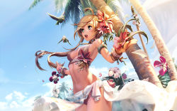 Rule 34 | 1girl, ahoge, bikini, bird, blonde hair, blue eyes, bracelet, cloud, day, flower, hair flower, hair ornament, hibiscus, highres, jewelry, kkuem, long hair, navel, necklace, open mouth, original, outstretched arms, palm tree, petals, sarong, solo, spread arms, swimsuit, tree, wind, wind lift