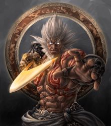 Rule 34 | 1boy, asura&#039;s wrath, augus, augus (asura&#039;s wrath), beard, blank eyes, cowboy shot, facial hair, fighting stance, foreshortening, glowing, glowing eyes, halo, jason peng, looking at viewer, male focus, manly, muscular, realistic, topless male, smile, solo, spiked hair, sword, tattoo, vambraces, weapon, white hair