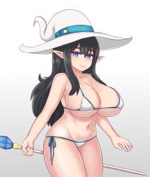 Rule 34 | 1girl, bikini, black hair, blue eyes, breasts, cleavage, collarbone, commentary, gradient background, hair between eyes, hat, highres, huge breasts, long hair, looking at viewer, nav (itsnav), navel, original, pointy ears, side-tie bikini bottom, simple background, smile, solo, staff, swimsuit, thick thighs, thighs, white hat, witch hat
