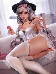 Rule 34 | 1girl, ass, azur lane, blush, breasts, butterfly hair ornament, cleavage, doughnut, dress, dunkerque (afternoon venus) (azur lane), dunkerque (afternoon venus) (azur lane), dunkerque (azur lane), eyewear on head, food, grey hair, hair ornament, hat, jacket, jewelry, kittew, large breasts, long hair, looking at viewer, nail polish, necklace, panties, red eyes, sidelocks, sitting, solo, strap slip, sunglasses, thighhighs, thighs, underwear, white dress, white jacket, white thighhighs