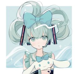 Rule 34 | . ., 1girl, :3, :o, absurdres, aqua bow, bare shoulders, black sleeves, blue background, blush, blush stickers, border, bow, cinnamiku, cinnamoroll, commentary, creature, double-parted bangs, folded twintails, green eyes, green hair, hair bow, hatsune miku, headset, highres, holding, holding creature, k0tokay, long sleeves, looking at viewer, nose blush, open mouth, outside border, sanrio, symbol-only commentary, upper body, vocaloid, white border