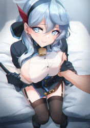 Rule 34 | 1girl, ako (blue archive), bed sheet, bell, black footwear, black gloves, black hairband, black thighhighs, blue archive, blue eyes, blue hair, breasts, buttons, closed mouth, collared shirt, double-breasted, earrings, from above, garter straps, gloves, grabbing, grabbing another&#039;s breast, hair between eyes, hair ribbon, hairband, halo, hand on another&#039;s chest, highres, jewelry, large breasts, looking at viewer, neck bell, on bed, out of frame, red ribbon, ribbon, shirt, sideboob, sideless shirt, smile, spykeee, thighhighs, underbust, white shirt