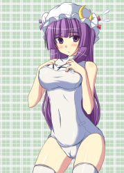 Rule 34 | 1girl, blunt bangs, blush, breast suppress, breasts, cameltoe, embarrassed, female focus, hat, jema, large breasts, long hair, one-piece swimsuit, patchouli knowledge, purple eyes, purple hair, school swimsuit, solo, sweatdrop, swimsuit, thighhighs, touhou, white one-piece swimsuit, white school swimsuit, white thighhighs