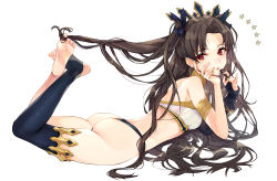 Rule 34 | 1girl, absurdres, armlet, ass, barefoot, between toes, bikini, black hair, black thighhighs, bracelet, breasts, detached sleeves, earrings, fate/grand order, fate (series), feet, gold trim, hair between toes, hair ribbon, highres, hoop earrings, hutuu (1121), ishtar (fate), jewelry, long hair, looking at viewer, lying, medium breasts, mismatched bikini, neck ring, on stomach, parted bangs, red eyes, ribbon, single detached sleeve, single thighhigh, soles, solo, swimsuit, the pose, thighhighs, thighlet, thighs, tiara, toenails, toes, two side up