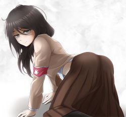 Rule 34 | 1girl, absurdres, all fours, armband, blue eyes, brown hair, brown shirt, brown skirt, commentary request, eva 16-gouki, highres, long hair, looking at viewer, looking back, marley military uniform, messy hair, pieck finger, shingeki no kyojin, shirt, skirt, smile, solo, white shirt
