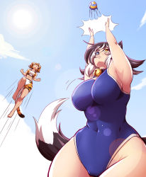 Rule 34 | 2girls, :&lt;, animal ears, animal print, ball, beach volleyball, bell, black hair, blue eyes, blue one-piece swimsuit, breasts, cat ears, cat girl, cat tail, cloud, collar, day, heterochromia, highres, jumping, kat (mazume), kotora (mazume), large breasts, mazume, multicolored hair, multiple girls, neck bell, one-piece swimsuit, orange eyes, orange hair, original, playing sports, sky, sun, swimsuit, tail, tiger ears, tiger print, tiger tail, volleyball, volleyball (object), white hair
