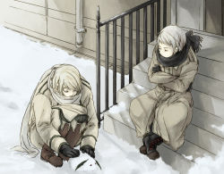 Rule 34 | 2boys, axis powers hetalia, bad id, bad pixiv id, boots, rabbit, coat, crossed arms, ecopost, grey hair, highres, male focus, multiple boys, prussia (hetalia), russia (hetalia), scarf, sitting, sitting on stairs, snow, snow rabbit, squatting, stairs