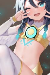 Rule 34 | 1boy, ;d, angel wings, bare shoulders, blue eyes, blue hair, blush, braid, genshin impact, kirisame koiiro, long sleeves, looking at viewer, midriff, navel, one eye closed, open mouth, smile, solo, stomach, thighhighs, trap, twin braids, venti (archon) (genshin impact), venti (genshin impact), white thighhighs, wings