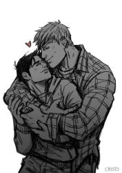 Rule 34 | 2boys, bad id, bad tumblr id, bara, black hair, blonde hair, blush, collared shirt, couple, cris art, feet out of frame, greyscale, hand on another&#039;s arm, heart, hood, hood down, hug, hug from behind, hulkling, male focus, marvel, monochrome, multiple boys, shirt, short hair, sideburns, sketch, sparse stubble, standing, thick eyebrows, toned, white background, wiccan, yaoi