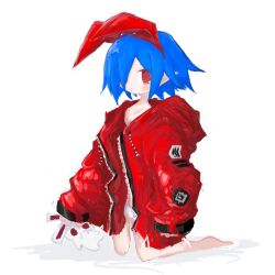 Rule 34 | 1girl, barefoot, blue hair, blush, closed mouth, coat, disgaea, hair over one eye, highres, holding, holding stuffed toy, kneeling, long sleeves, open clothes, open coat, panties, pleinair, pointy ears, red coat, red eyes, reitoubeef, short hair, simple background, solo, stuffed animal, stuffed rabbit, stuffed toy, underwear, usagi-san, white background, white panties