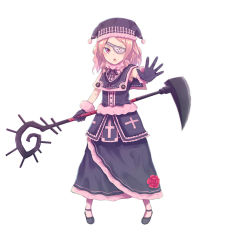 Rule 34 | black hat, chestnut mouth, cross, curly hair, dress, eyepatch, flower, full body, gloves, hat, looking at viewer, open mouth, original, outstretched hand, pink eyes, pink hair, pink legwear, purple dress, purple neckwear, rose, simple background, solo, staff, standing, tazaki hayato