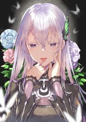 Rule 34 | 1girl, absurdres, black dress, blue flower, blush, breasts, bug, butterfly, butterfly hair ornament, capelet, colored eyelashes, commentary request, dress, echidna (re:zero), finger to tongue, fingernails, flower, hair between eyes, hair ornament, hand on own face, highres, insect, kikurage tom., long hair, long sleeves, looking at viewer, medium breasts, open mouth, pink flower, re:zero kara hajimeru isekai seikatsu, rose, silver hair, smile, solo, tongue, tongue out, upper body, very long hair