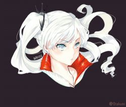 Rule 34 | 1girl, :&lt;, artist name, black background, blue eyes, character name, earrings, english text, high collar, jewelry, long hair, looking to the side, necklace, otakumi, pendant, ponytail, portrait, rwby, scar, scar across eye, scar on face, side ponytail, simple background, solo, tiara, weiss schnee, white hair