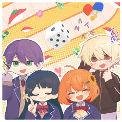 Rule 34 | 1girl, 3boys, :d, ^ ^, ahoge, arm behind head, arm up, bandaged fingers, bandaged hand, bandages, black hair, black jacket, blazer, blouse, bow, brown sweater, censored, censored gesture, closed eyes, collared shirt, commentary request, dice, ear piercing, earrings, eyebrows hidden by hair, fang, fish (food), flower, food, green eyes, grey pants, hair between eyes, hair flower, hair ornament, hairclip, heart, honma himawari, jacket, jewelry, kenmochi touya, kenmochi touya (1st costume), kiduta cielo, kuzuha (nijisanji), middle finger, multiple boys, necktie, nijisanji, open clothes, open jacket, open mouth, orange hair, own hands together, paddle, pants, piercing, plaid necktie, pointy ears, purple hair, purple jacket, red bow, red eyes, red necktie, sashimi, school uniform, shirt, smile, sparkle, sunflower, sunflower hair ornament, sweater, sweatpants, table tennis paddle, track jacket, tsukino mito, tsukino mito (1st costume), virtual youtuber, white hair, white shirt, yellow flower