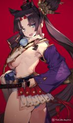 Rule 34 | 1girl, :d, armor, ass, asymmetrical sleeves, black hair, blue eyes, blue gloves, blue panties, blush, breasts, detached sleeves, fang, fate/grand order, fate (series), gloves, hair ornament, hat, japanese armor, katana, kusazuri, long hair, looking at viewer, medium breasts, mismatched sleeves, open mouth, panties, pom pom (clothes), red background, revealing clothes, sheath, sheathed, side ponytail, simple background, smile, solo, standing, sword, toridamono, underboob, underwear, ushiwakamaru (fate), very long hair, weapon