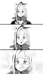 Rule 34 | 1girl, 3koma, armor, asymmetrical clothes, black armor, blush, breastplate, comic, crossed belts, crying, crying with eyes open, fate/grand order, fate (series), gauntlets, greyscale, hair ornament, hairpin, high collar, highres, hirunagi, huyan zhuo (fate), huyan zhuo (second ascension) (fate), long hair, monochrome, open mouth, pauldrons, shoulder armor, single pantsleg, tearing up, tears