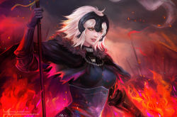 Rule 34 | 1girl, armor, armored dress, artstation username, breasts, cape, embers, fate/grand order, fate (series), fire, fur trim, gauntlets, grin, headpiece, jeanne d&#039;arc (fate), jeanne d&#039;arc alter (avenger) (fate), jeanne d&#039;arc alter (fate), lance, lunariavi, pennant, polearm, smile, solo, tumblr username, weapon, white hair, yellow eyes