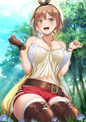 Rule 34 | 1girl, atelier (series), atelier ryza, atelier ryza 1, bare shoulders, belt, beret, blue sky, blush, boots, breasts, brown belt, brown eyes, brown footwear, brown gloves, brown hair, camisole, cleavage, collarbone, gloves, hat, highres, jewelry, large breasts, looking at viewer, navel, necklace, off shoulder, open mouth, red shorts, reisalin stout, seiza, short hair, short shorts, shorts, single glove, sitting, sky, smile, solo, star (symbol), star necklace, thigh boots, thighs, tree, vest, white camisole, white hat, yellow vest, zaregoto tsukai no deshi