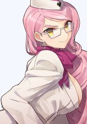 Rule 34 | &gt;:), 1girl, agsen, breasts, choker, commentary request, earrings, eyewear strap, fate/grand order, fate (series), glasses, hat, jewelry, koyanskaya (fate), koyanskaya (foreigner) (first ascension) (fate), large breasts, long hair, looking at viewer, pink hair, ribbon, ribbon choker, simple background, smile, solo, v-shaped eyebrows, very long hair, yellow eyes