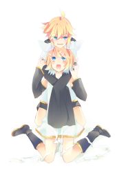Rule 34 | 1boy, 1girl, aqua eyes, arm warmers, blonde hair, boots, brother and sister, hetero, highres, hug, kagamine len, kagamine rin, kaisaki, open mouth, short hair, shorts, siblings, simple background, smile, transparent background, vocaloid