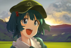 Rule 34 | 1girl, anime coloring, blue eyes, blue hair, blurry, cloud, depth of field, grass, hair bobbles, hair ornament, happy, hat, hill, kawashiro nitori, looking at viewer, matching hair/eyes, open mouth, portrait, shiratama (hockey), short hair, short twintails, sky, smile, solo, sunlight, sunrise, touhou, twintails, two side up