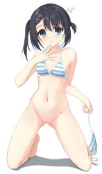 Rule 34 | 1girl, alternate hairstyle, aqua eyes, bare arms, bare legs, bare shoulders, barefoot, bikini, bikini top only, black hair, blush, bottomless, breasts, bububugsan, censored, collarbone, commentary request, dracu-riot!, embarrassed, eyelashes, flying sweatdrops, full body, gluteal fold, groin, hair between eyes, hair ornament, hairclip, halterneck, hand up, highres, holding, holding clothes, holding swimsuit, kneeling, looking at viewer, medium hair, mera azusa, midriff, mosaic censoring, navel, parted lips, pussy, shiny skin, side-tie bikini bottom, small breasts, solo, stomach, striped bikini, striped clothes, swimsuit, tareme, thighs, tiptoes, two side up, undressing, untied bikini bottom