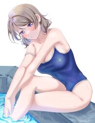 Rule 34 | 1girl, bare shoulders, blue eyes, blue one-piece swimsuit, blush, breasts, brown hair, collarbone, covered navel, crossed arms, crossed legs, facing viewer, highres, looking at viewer, love live!, love live! sunshine!!, medium breasts, mei hinamatsu, one-piece swimsuit, pool, poolside, school swimsuit, short hair, simple background, sitting, solo, swimsuit, thighs, watanabe you, water, wet, white background