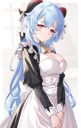 Rule 34 | 1girl, alternate costume, bad id, bad twitter id, bell, blue hair, blush, breasts, cleavage, closed mouth, commentary request, cowbell, emyo, enmaided, ganyu (genshin impact), genshin impact, goat horns, horns, large breasts, light smile, long hair, long sleeves, maid, puffy long sleeves, puffy sleeves, ribbon, smile, solo, white ribbon